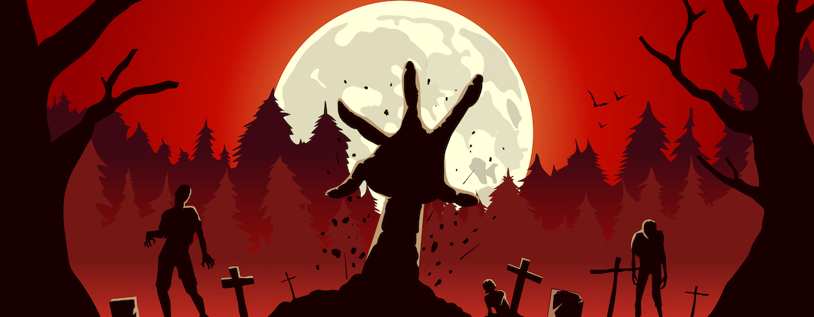 zombie arm out from ground of grave in full moon night